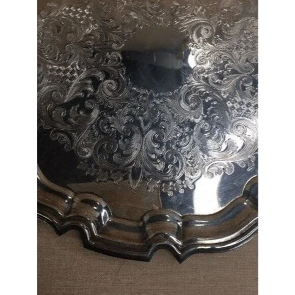 Vintage Frank Hawker England Crafton Round Silver Plate Tray w Stepped Edges 10